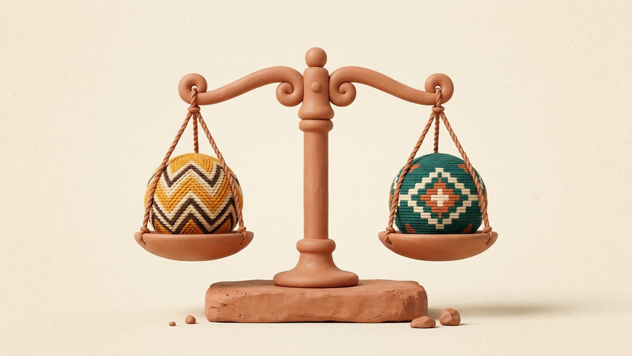 A balanced scale holding two different woven orbs