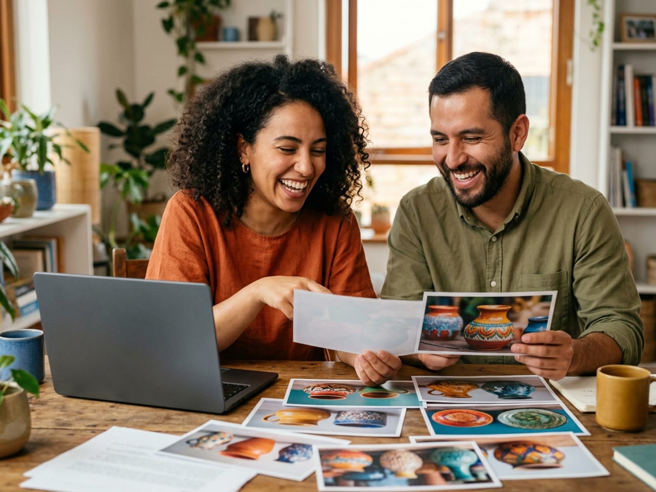 Two marketing colleagues choosing product photos at a studio table
