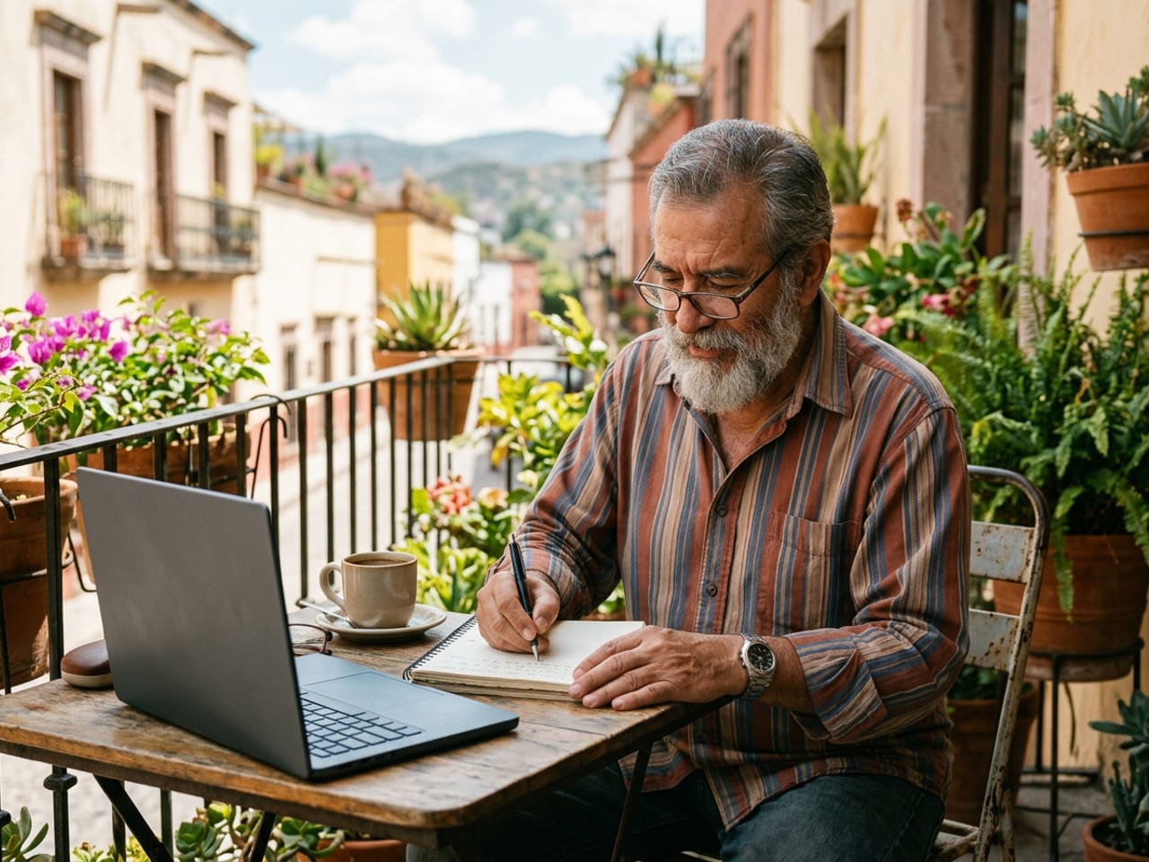A writer working in a notebook next to a laptop on a sunny balcony