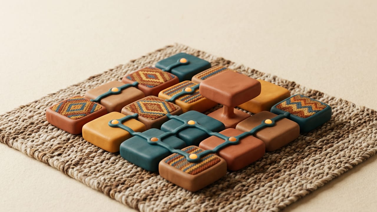 Clay modules joined by teal circuit lines on a woven mat