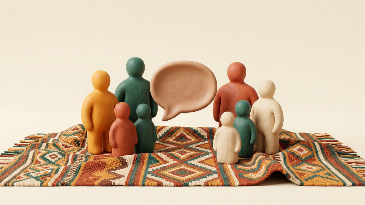 Faceless clay figurines on a woven blanket around a speech bubble