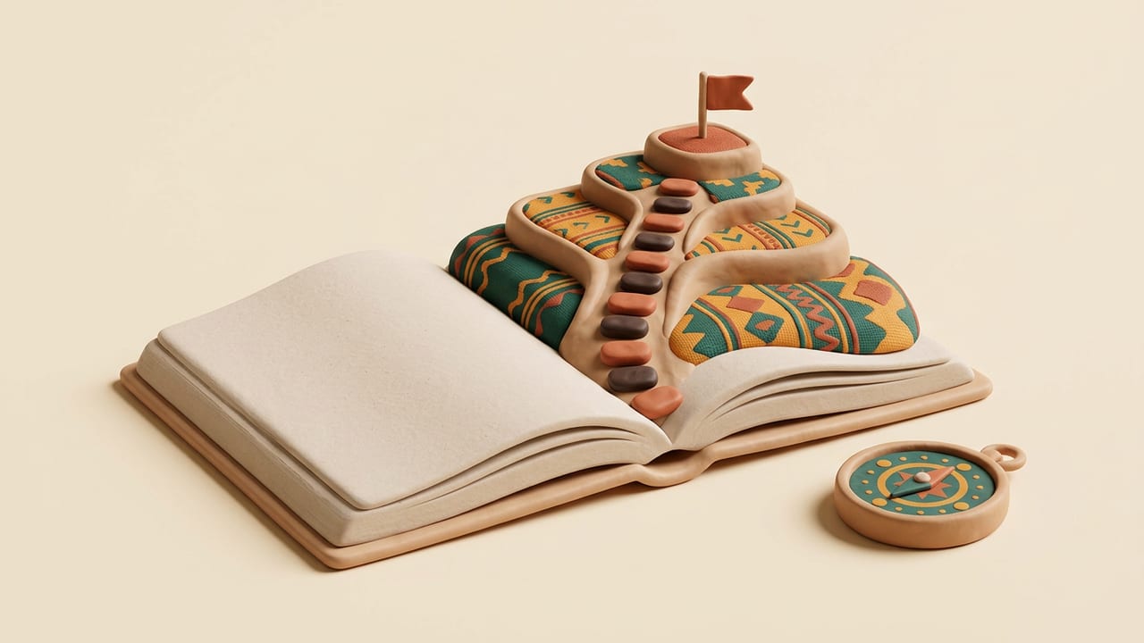 An open book with terraced hills and a path to a small flag