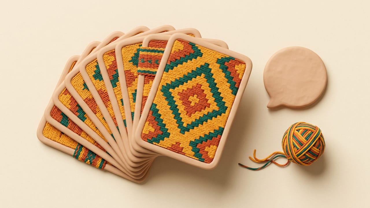 A fan of cards with woven patterns beside a speech bubble and yarn