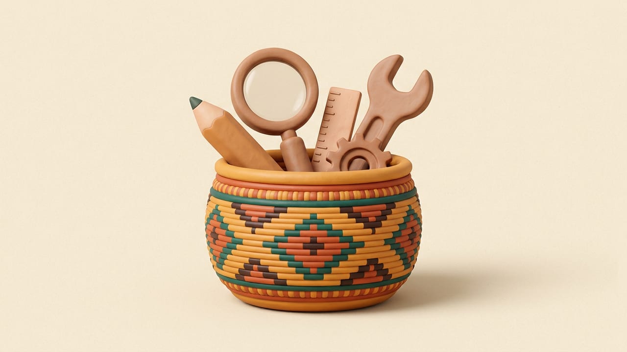 A woven basket filled with chunky clay tools