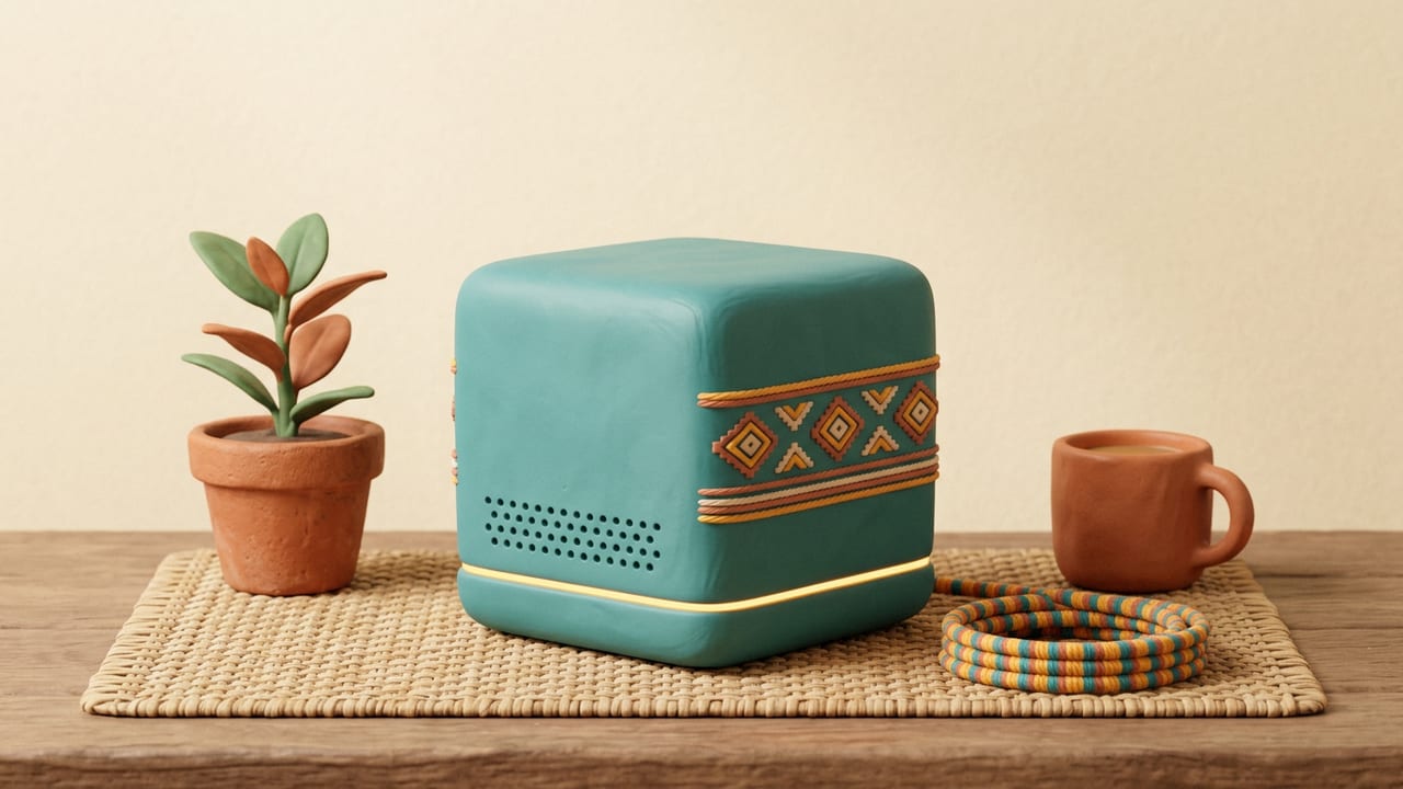 A small clay computer box on a desk with a plant and a mug